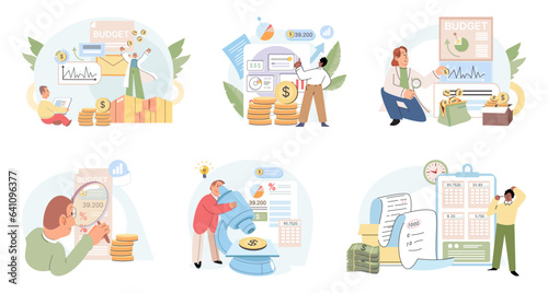 People analysis budget. Calculate financial plan of save income and expense management. Budget planning, records management, cash flow statement metaphors. People analyzing personal corporate budget