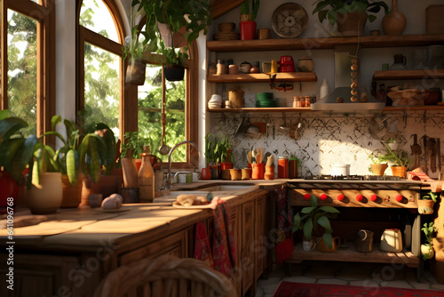 A cozy, rustic boho kitchen with a nomadic vibe, rendered in 3D with a warm, inviting atmosphere