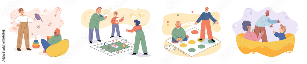 Obraz premium Game together. Family fun. Friendship time. Vector illustration. The laughter and cheerfulness during friends game night simply infectious Playing games with loved ones creates warm and welcoming