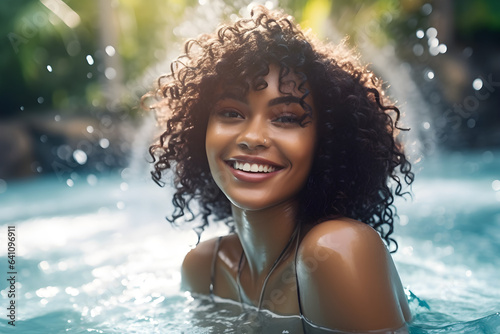 portrait of happy black woman in waterpark swimming pool