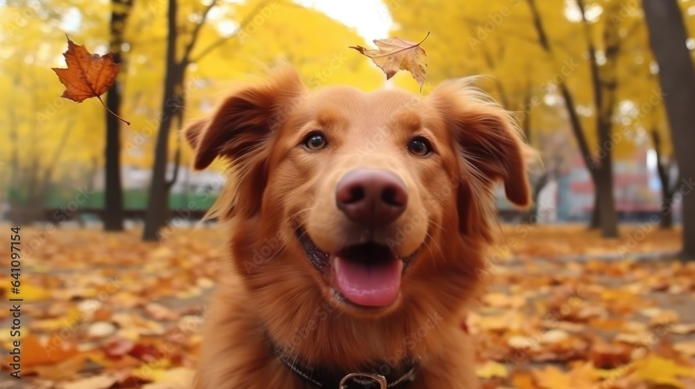 maple leaf falling on the head dog at autumn forest.autumn season
maple leaf falling on the head dog at autumn forest.autumn season
