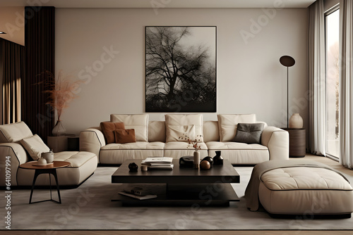 A modern living room with a luxurious leather sofa, a cozy beige backdrop, and a touch of elegance