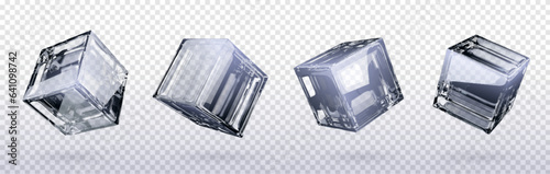 Realistic set of 3D glass cubes isolated on transparent background. Vector illustration of empty crystal blocks, square ice pieces with smooth glossy surface, side and angle view, light reflection