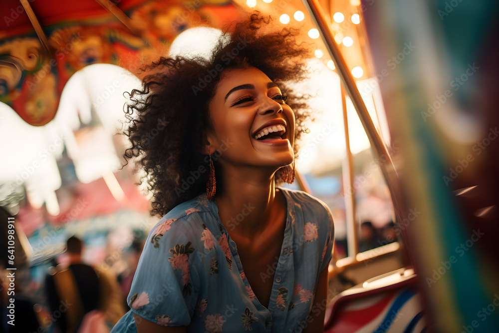 portrait of happy black woman in fairground portrait of happy black woman in fairground