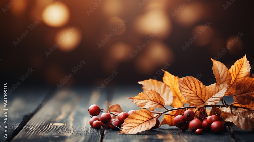 Herbstlicher Hintergrund mit Blättern und Beeren auf dunklem Holztisch mit Bokeh Hintergrund und Platz für Text - obrazy, fototapety, plakaty 