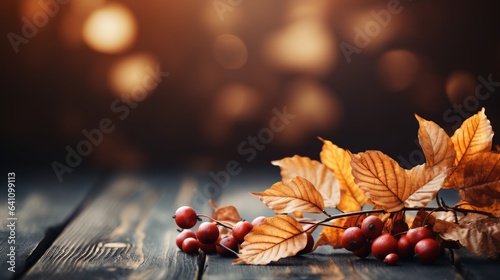 Herbstlicher Hintergrund mit Blättern und Beeren auf dunklem Holztisch mit Bokeh Hintergrund und Platz für Text