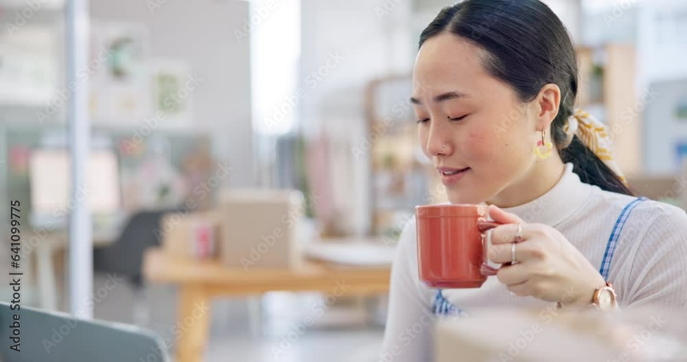 Ecommerce, Asian woman at laptop with coffee and boxes, checking sales email or work at fashion startup. Online shopping, distribution and small business owner with drink, computer and review at desk Ecommerce, Asian woman at laptop with coffee and boxes, checking sales email or work at fashion startup. Online shopping, distribution and small business owner with drink, computer and review at desk