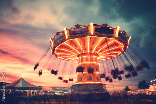 a fairground ride shot at night toned with a retro vintage filter action effect against a pink and blue cloudy sky