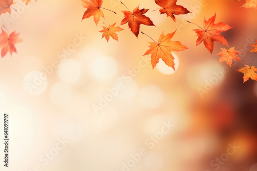 Yellow and orange fallen maple leaves on abstract background. Autumn natural backdrop. Fall season. Copy space