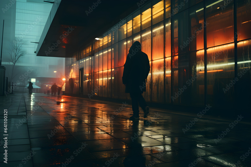 silhouette of person walking in the city at night, urban cinematic photography