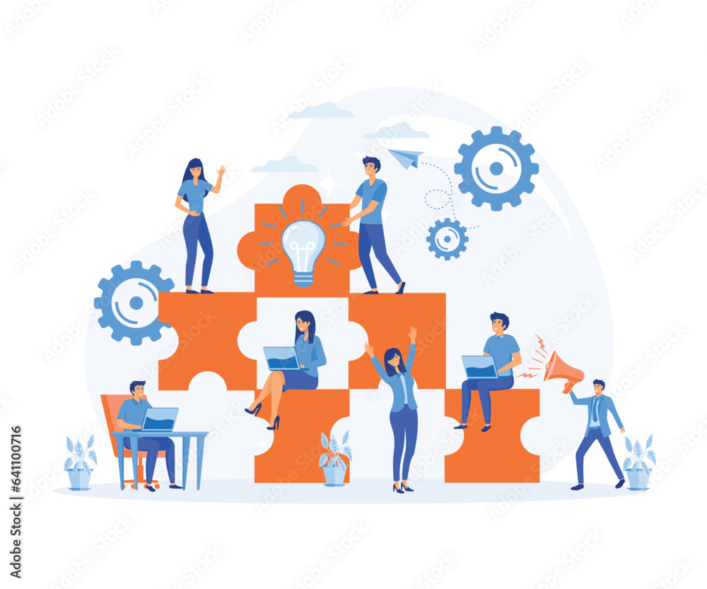 The concept of joint teamwork, people connecting pieces of puzzles, cooperation and business partnership.  flat vector modern illustration