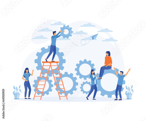  mechanism teamwork. Man and woman business organization with circle gear, company process development structure workforce. flat vector modern illustration 