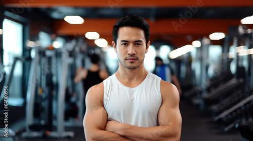 Asian man athlete crosses arms in fitness center, Handsome guy smart and confidence.