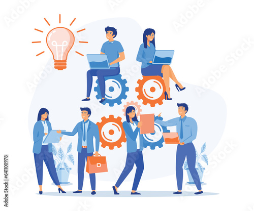  brainstorming and teamwork concept. Group of young business people collaborating,  thinking about creative idea,  flat vector modern illustration