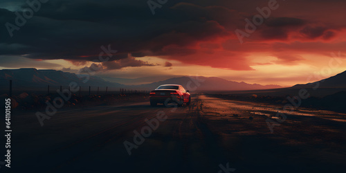 car on the road at sunset, panoramic cinematic photography