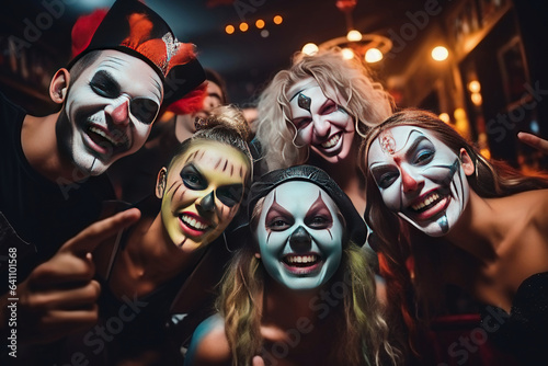 Young People in Costumes Celebrating Halloween. Group of Young Happy Friends Wearing Halloween Costumes having Fun at Party in Nightclub by doing Scary faces. Celebration of Halloween.