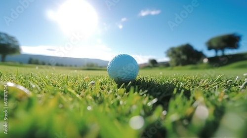 Golf ball placed in a green lawn on sunny day with a natural background.