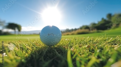 Golf ball placed in a green lawn on sunny day with a natural background.