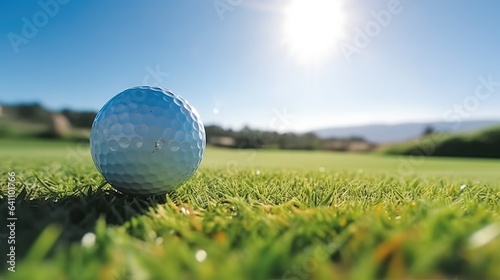 Golf ball placed in a green lawn on sunny day with a natural background.