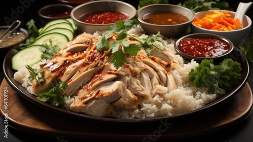 Chicken rice, Singaporean dish made with poached chicken served on fragrant rice, Accompanied by ginger sauce and chili sauce.