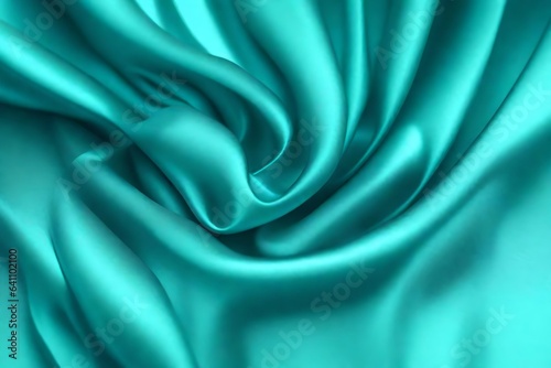 Closeup of rippled cyan color satin fabric cloth texture background