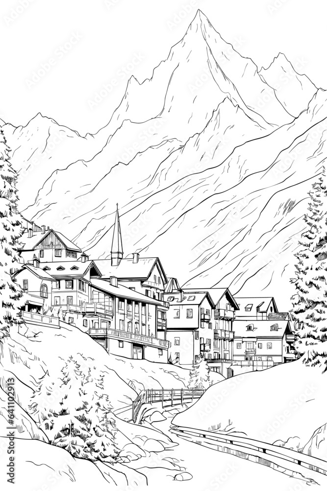 France Chamonix village cityscape black and white coloring page for adults. French Alps buildings, mountains, street, landmarks vector outline doodle sketch for anti stress color book