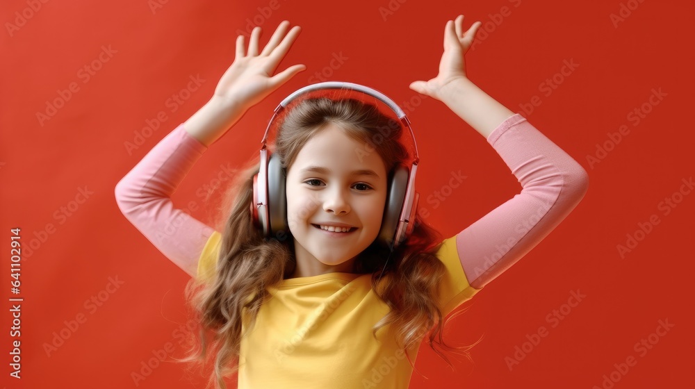 Happy little girl in headphones are dancing on red background. Happy little girl in headphones are dancing on red background.