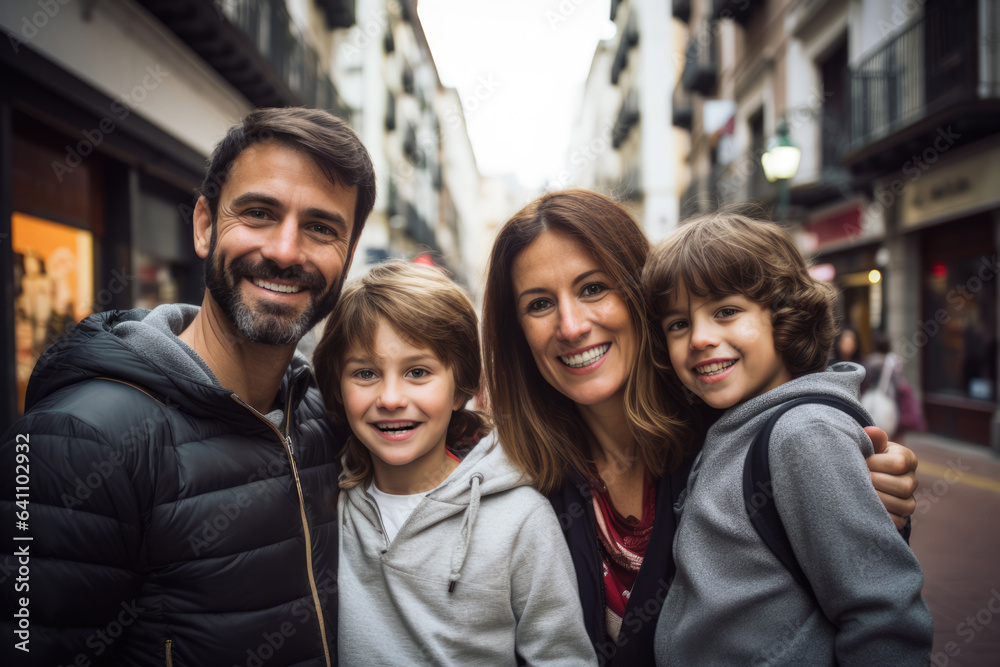 Happy smiling family having fun together. Parients with two children enjoy travel, vacation in European city Happy smiling family having fun together. Parients with two children enjoy travel, vacation in European city