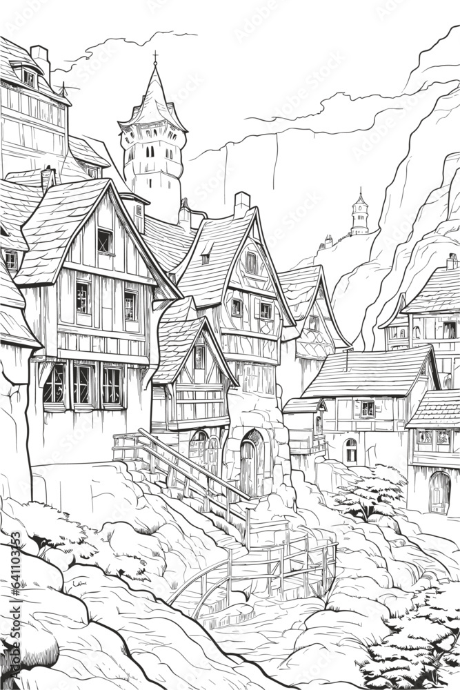 France Polignac village cityscape black and white coloring page for adults. Haute Loire buildings, skyline, street, landmarks vector outline doodle sketch for anti stress color book