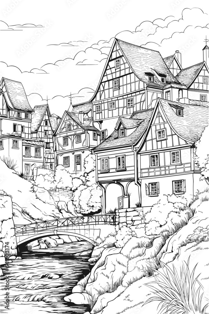 France Polignac village cityscape black and white coloring page for adults. Haute Loire buildings, skyline, street, landmarks vector outline doodle sketch for anti stress color book.