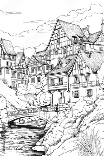 France Polignac village cityscape black and white coloring page for adults. Haute Loire buildings  skyline  street  landmarks vector outline doodle sketch for anti stress color book.