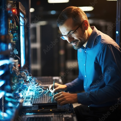 Man on research for programming in server room, Information technology, inspection in data center reading.