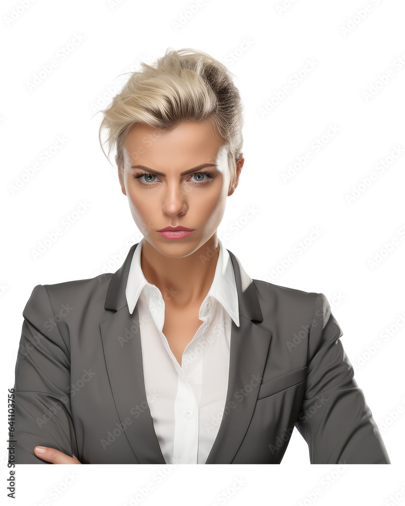 angry lady in business suit isolated on transparent background . Generative AI angry lady in business suit isolated on transparent background . Generative AI
