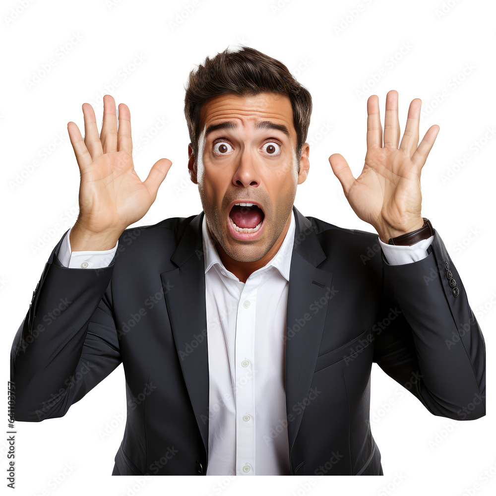 person wearing a suit, hands raised above their head, face facing forward, expression flustered isolated on transparent background . Generative AI person wearing a suit, hands raised above their head, face facing forward, expression flustered isolated on transparent background . Generative AI