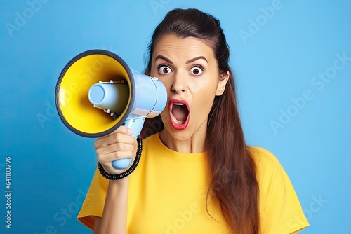 Shocked face of of young pretty woman wears blue shirt hold scream in megaphone announces discounts sale Hurry up isolated on plain yellow background. Generative Ai
