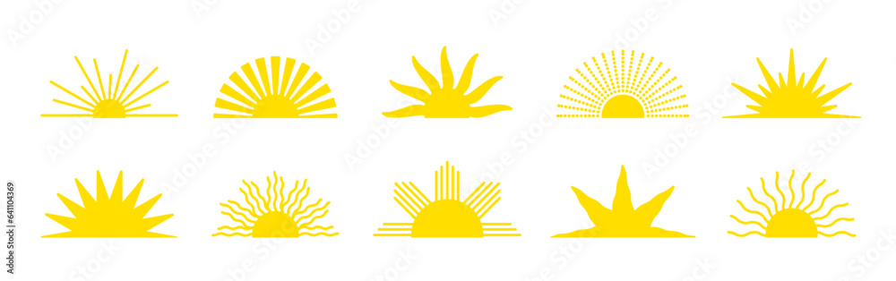 Yellow half sun icon vector set. Sunrise or sunset collection. Solar beams