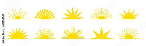 Yellow half sun icon vector set. Sunrise or sunset collection. Solar beams