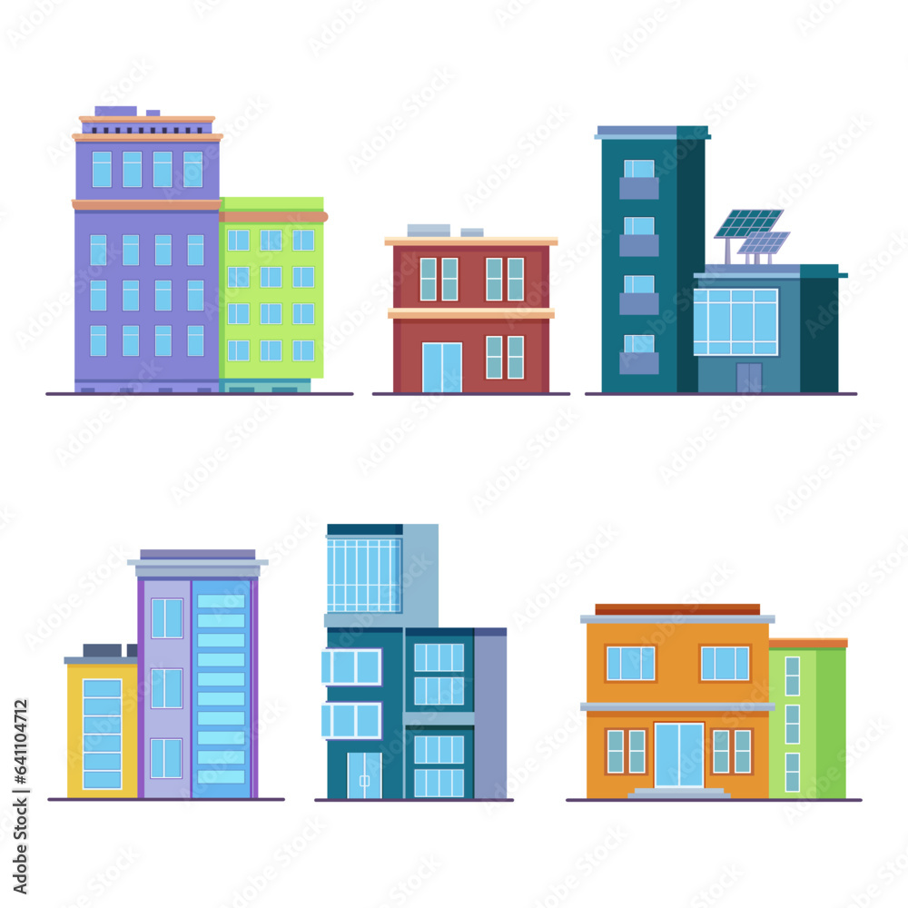 Office and apartment buildings vector illustrations set. Modern city property buildings with solar power panels in business district. Architecture, cityscape, construction concept