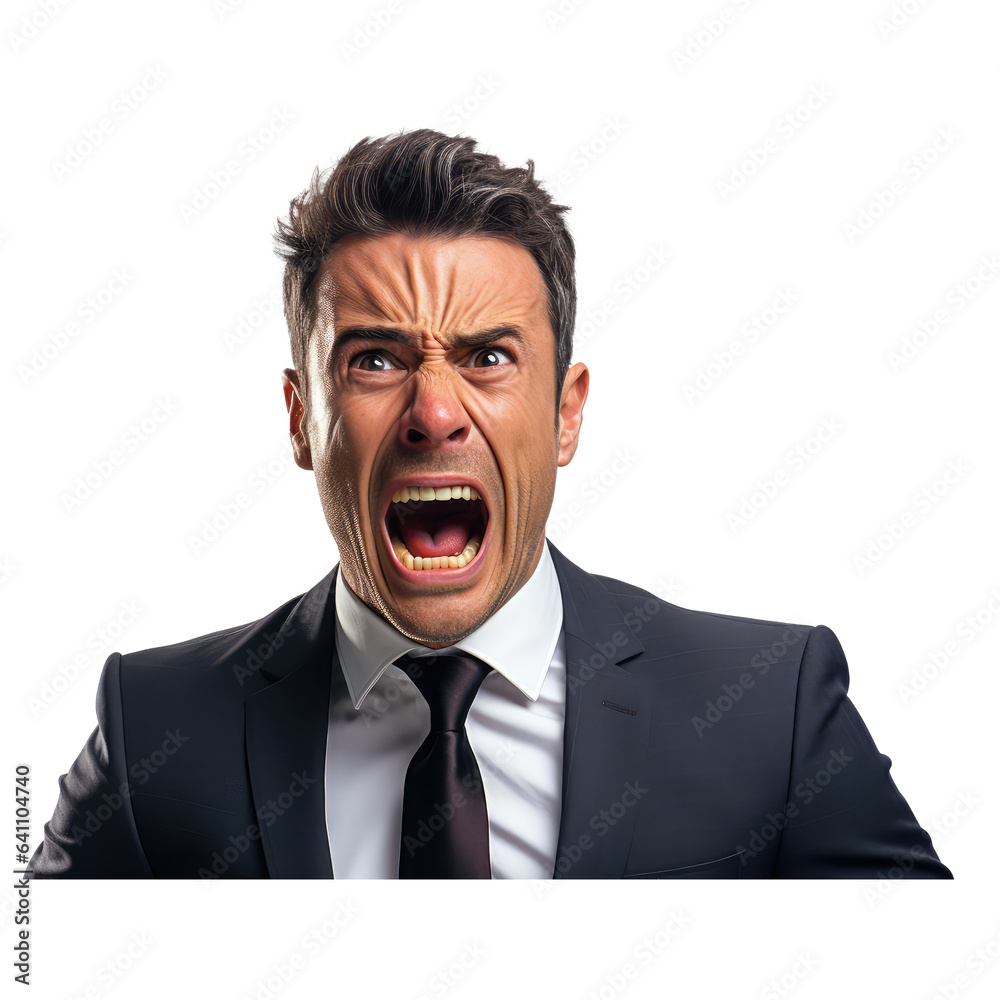 man in a suit crying angry screaming isolated on transparent background . Generative AI man in a suit crying angry screaming isolated on transparent background . Generative AI