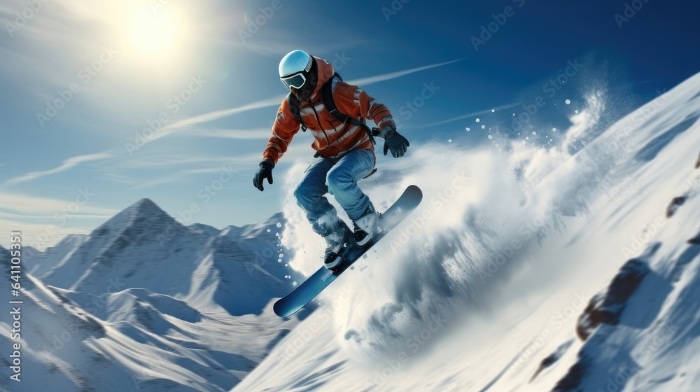 Snowboarder jumping through air with deep blue sky in background.