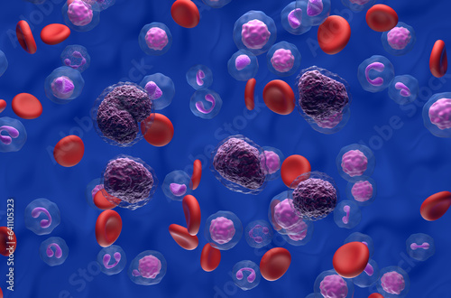 Non-hodgkin lymphoma  NHL  cells in the blood flow - isometric view 3d illustration