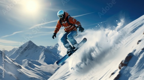 Snowboarder jumping through air with deep blue sky in background. © visoot