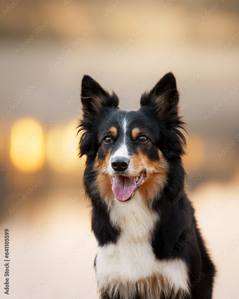 portrait of a dog against a background of bokeh. tricolor border collie in nature