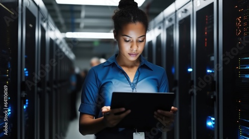 Woman on research for programming in server room, Information technology, inspection in data center reading.
