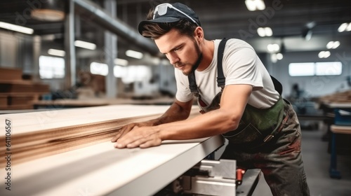 Male manual worker using plane while working on a wood in carpentry factory.
