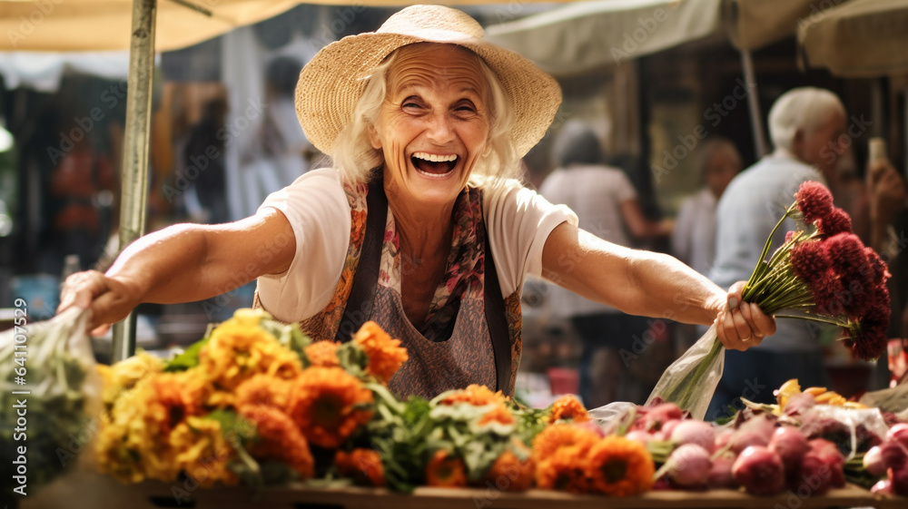Happy elderly woman working at the farmer's market