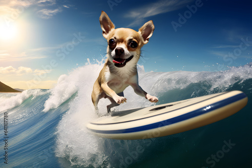 chihuahua dog wearing on a surfboard surfing an ocean wave © sam