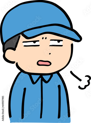 ため息を吐く作業服の男性
