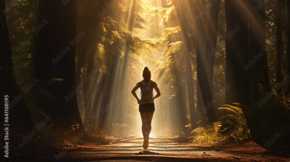 Athlete woman running in her sneakers trough the forest