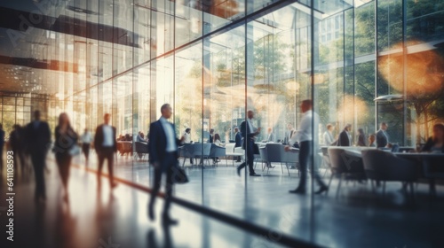 Business people walking in office lobby fast moving with blurry